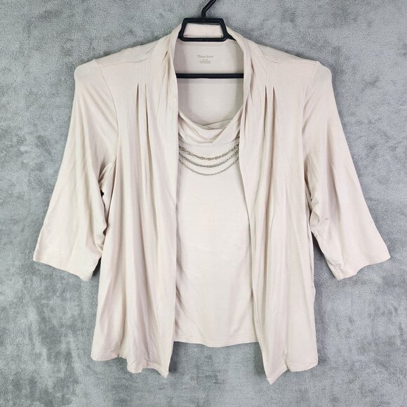 Womens Beige Tan Jay Cardigan With Layered Top & Chains 3/4 Sleeve Size M - Picture 2 of 12